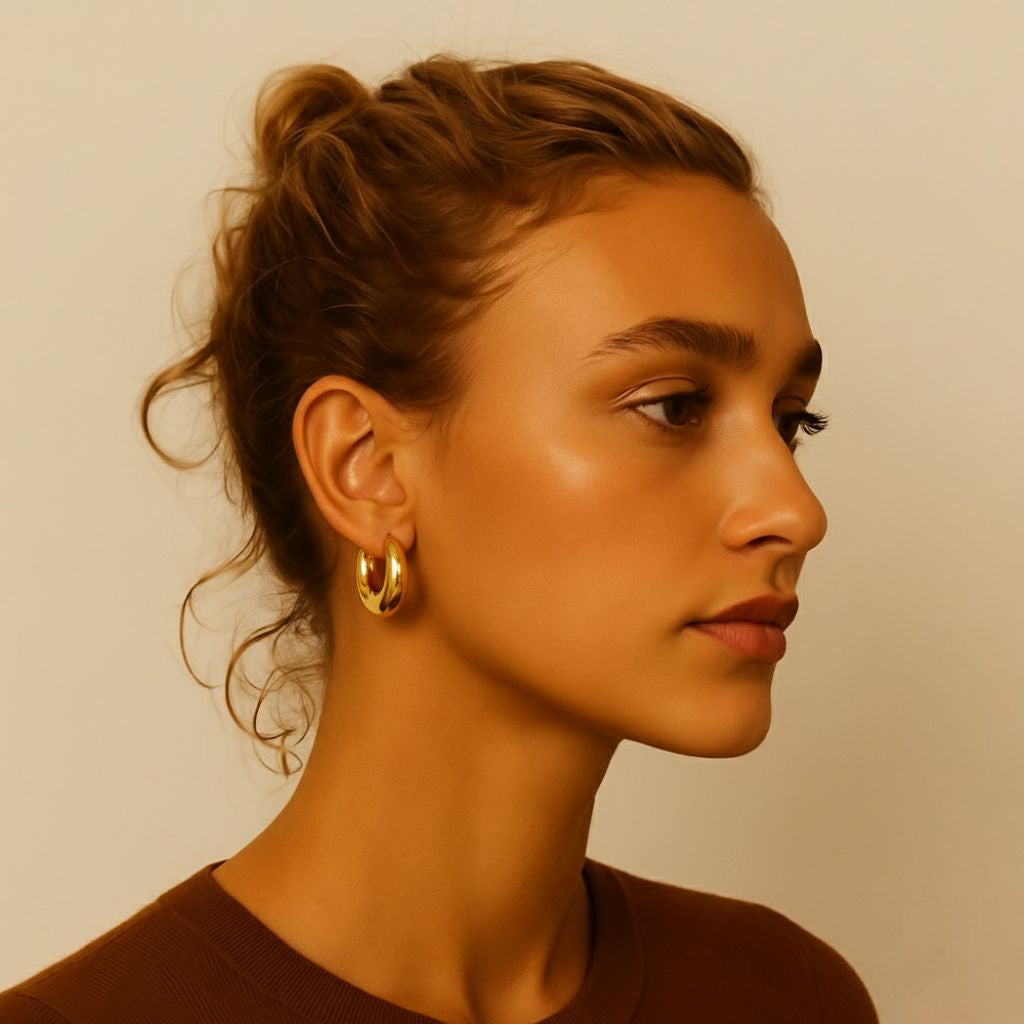 Model draagt chunky oorringen