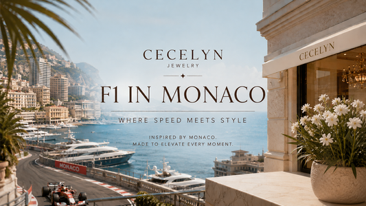 Luxe CECELYN-banner met uitzicht op de Formule 1 Grand Prix van Monaco, de Middellandse Zee, jachten en een elegante boetiek met witte bloemen.