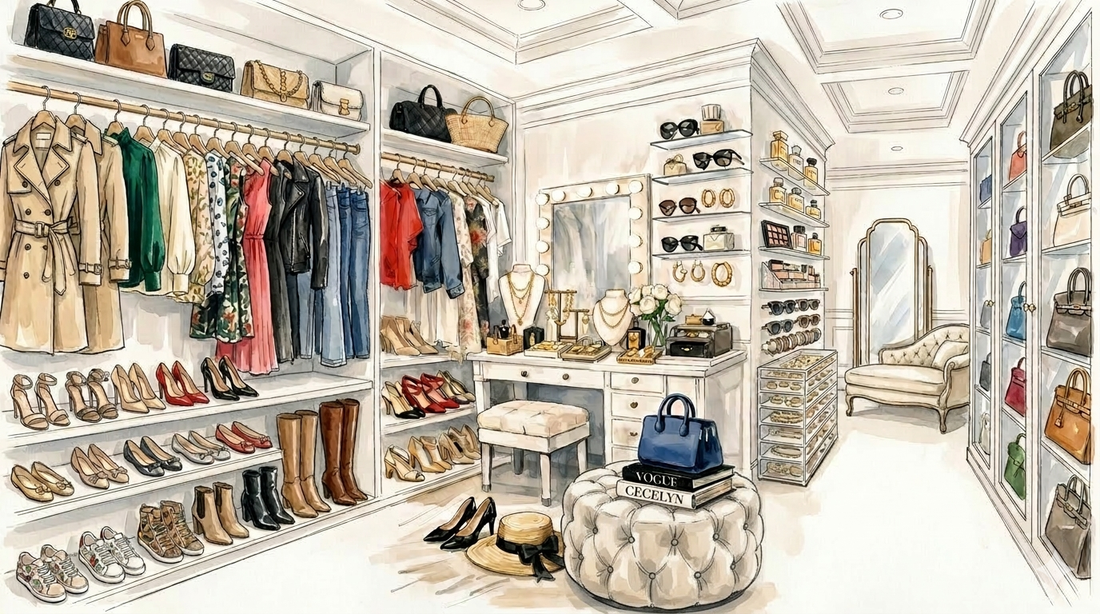 Watercolor illustratie van een luxe, stijlvolle inloopkast vol kleding, schoenen, tassen en sieraden van CECELYN.