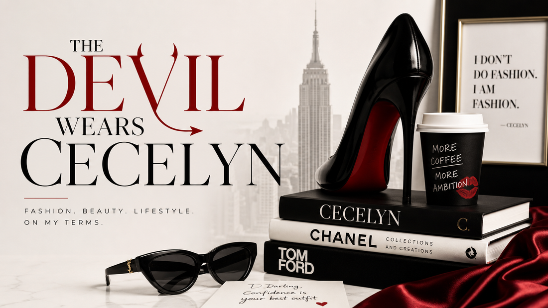 Fashion poster met zwarte Louboutin-hakken, boeken en New York skyline.