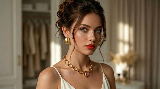 Model met opgestoken haar draagt een gouden schakelketting en ovale oorbellen van CECELYN.