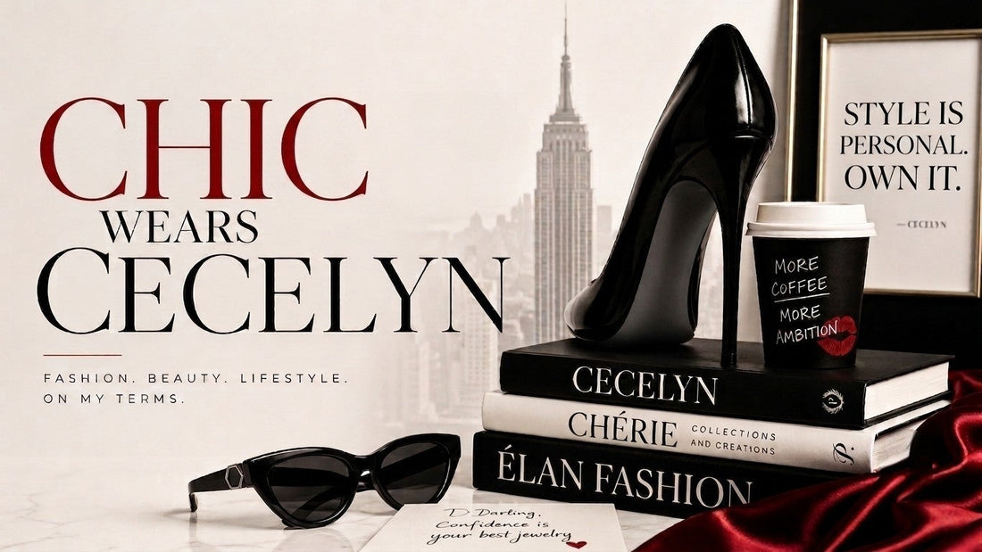 Campagnebanner voor CECELYN JEWELRY met de tekst 'CHIC WEARS CECELYN' tegen een New Yorkse skyline.
