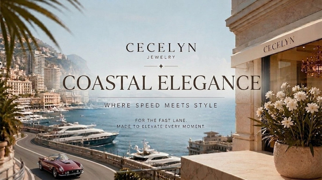 Banner van CECELYN JEWELRY Coastal Elegance Collection met een rode vintage sportwagen in een Europese kustplaats.