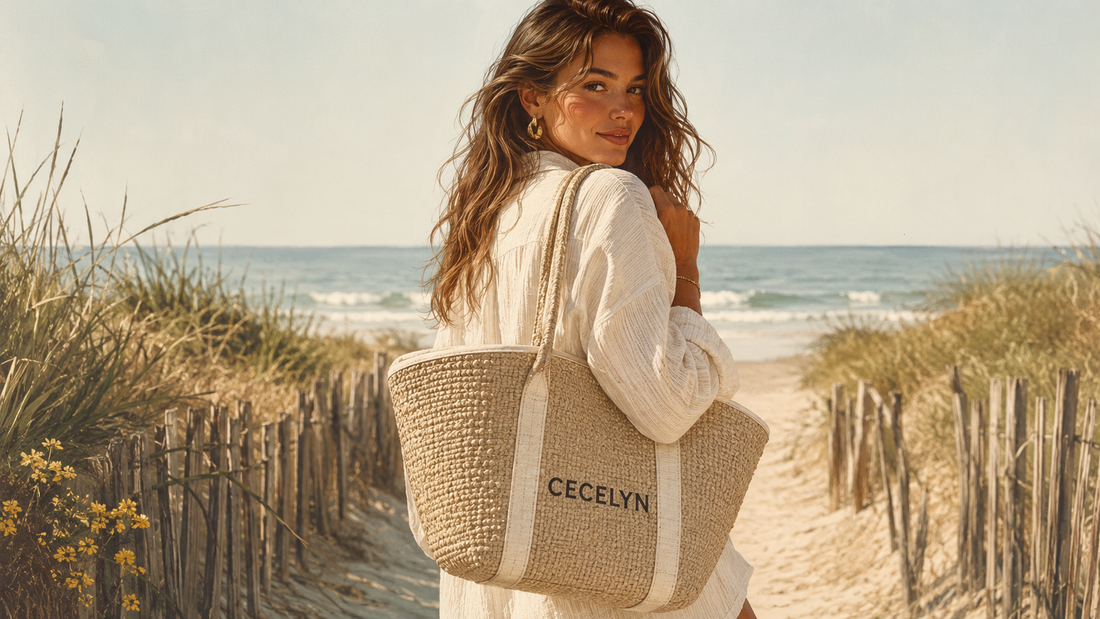 Modieuze vrouw met CECELYN strandtas op een rustig zandstrand.