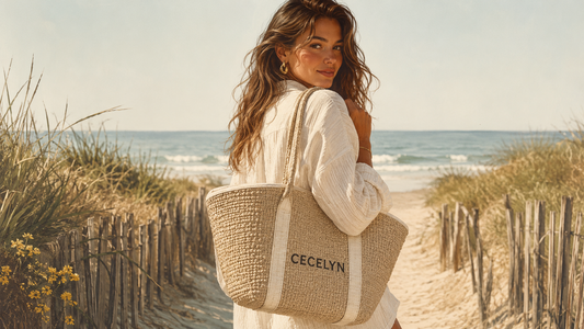 Modieuze vrouw met CECELYN strandtas op een rustig zandstrand.