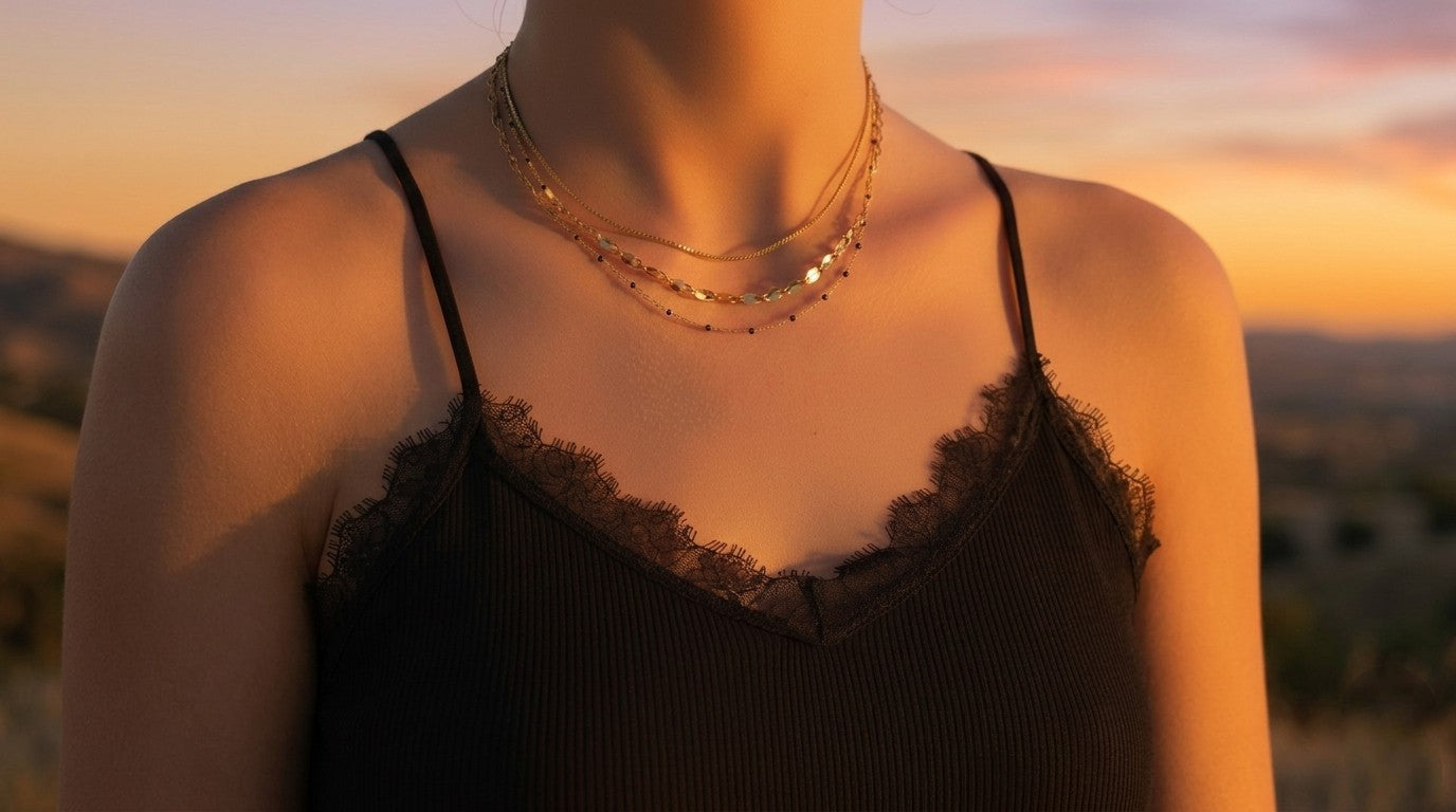 Model draagt een mix-ketting met zwarte kraaltjes.